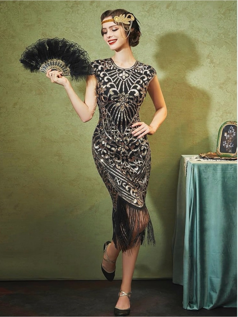 Sweetv- Black Midi Dress with Gold Sequin Motif and Fringe